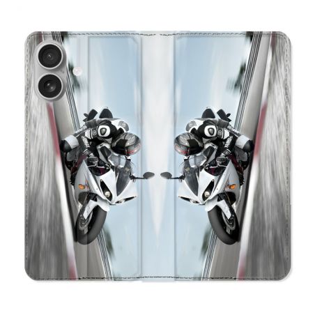 Housse Cuir Portefeuille Pour Samsung Galaxy A06 Moto Course GP Blanche