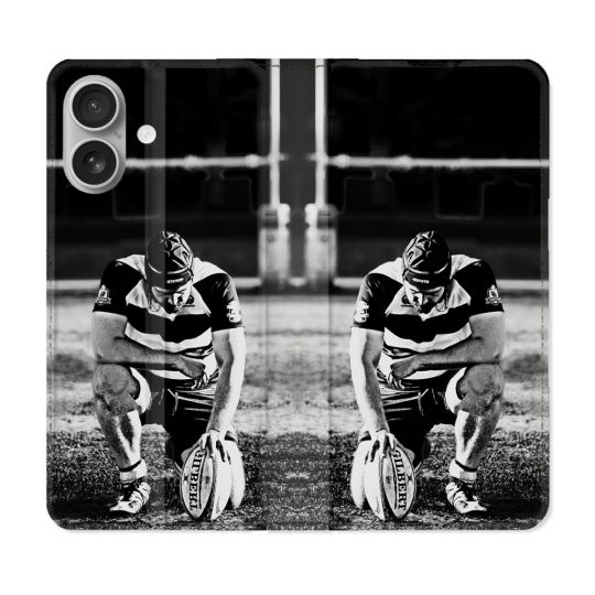 Housse Cuir Portefeuille Pour Samsung Galaxy A06 Sport Rugby Noir Blanc
