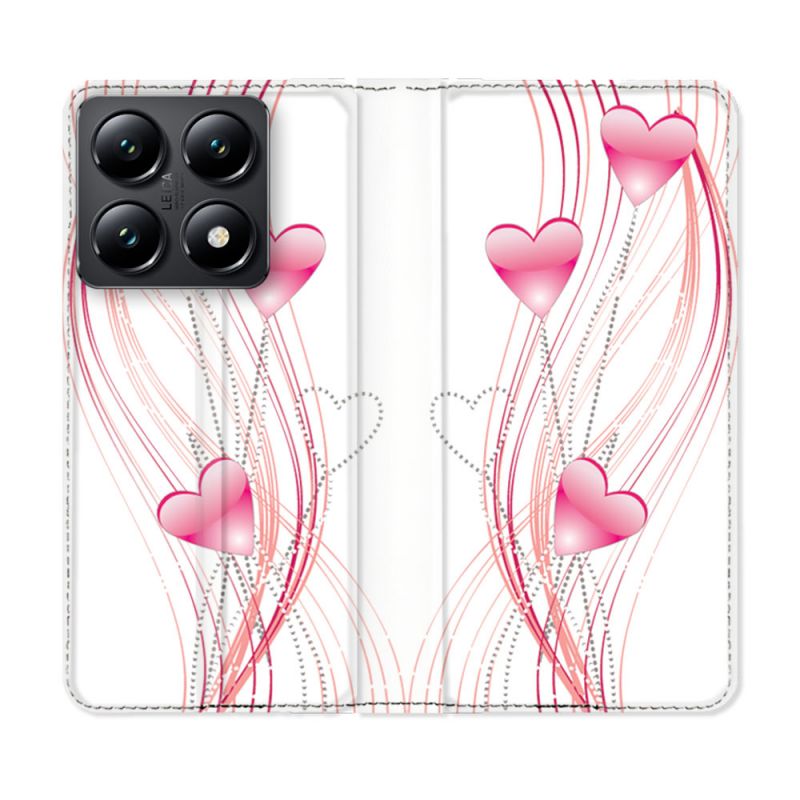 Housse Cuir Portefeuille Pour Xiaomi 14T Amour Coeur Rose Montant sur Blanc