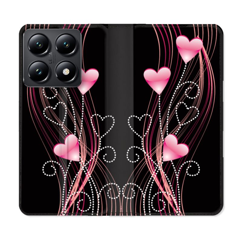 Housse Cuir Portefeuille Pour Xiaomi 14T Amour Coeur Rose Montant sur Noir