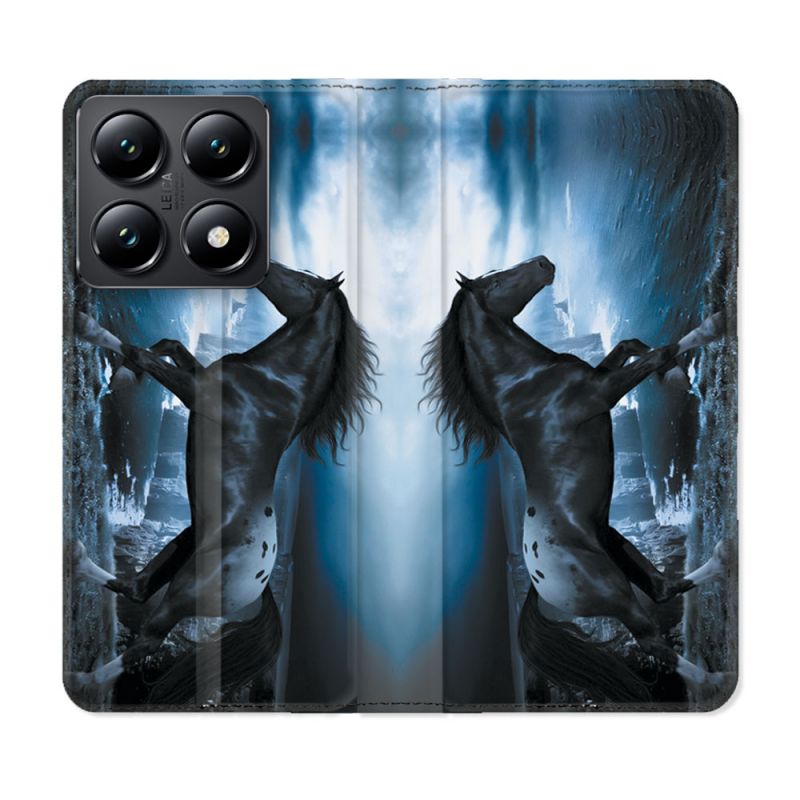 Housse Cuir Portefeuille Pour Xiaomi 14T Animal Cheval Noir