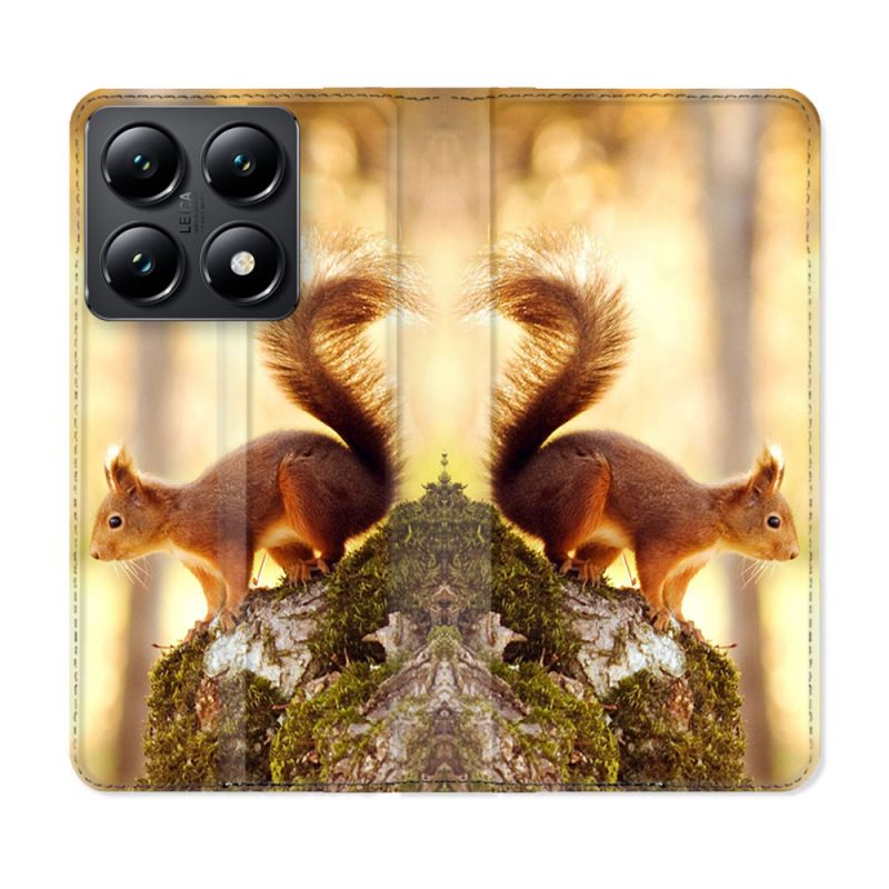 Housse Cuir Portefeuille Pour Xiaomi 14T Animal Ecureuil Bois