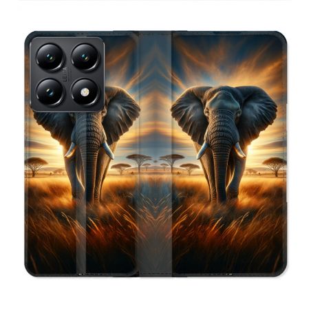 Housse Cuir Portefeuille Pour Xiaomi 14T Animal Elephant Savane