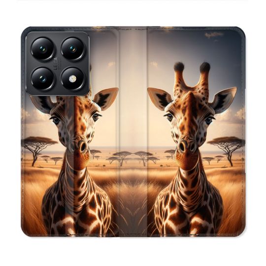 Housse Cuir Portefeuille Pour Xiaomi 14T Animal Girafe Savane