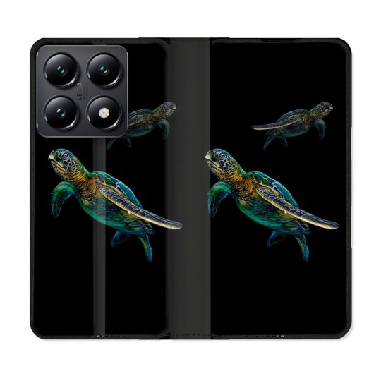Housse Cuir Portefeuille Pour Xiaomi 14T Animal Tortue Noire multicolore