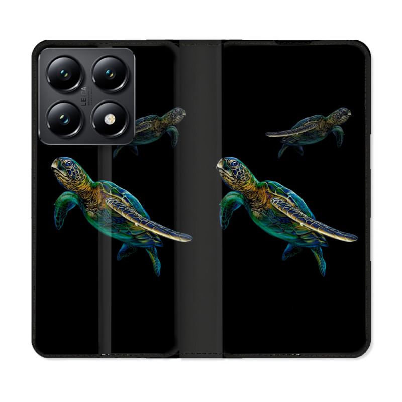 Housse Cuir Portefeuille Pour Xiaomi 14T Animal Tortue Noire multicolore