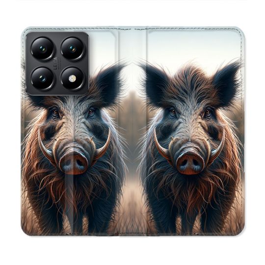 Housse Cuir Portefeuille Pour Xiaomi 14T Chasse Sanglier Attaque