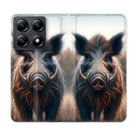 Housse Cuir Portefeuille Pour Xiaomi 14T Chasse Sanglier Attaque