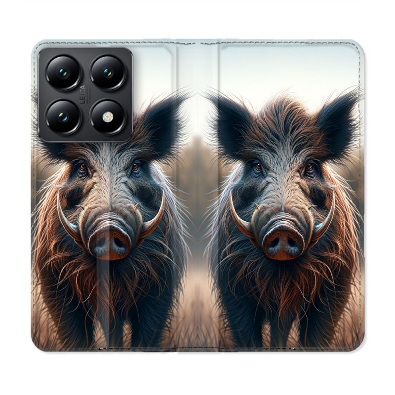 Housse Cuir Portefeuille Pour Xiaomi 14T Chasse Sanglier Attaque