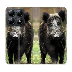 Housse Cuir Portefeuille Pour Xiaomi 14T Chasse Sanglier bois