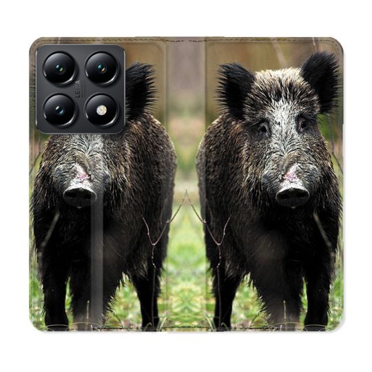 Housse Cuir Portefeuille Pour Xiaomi 14T Chasse Sanglier bois