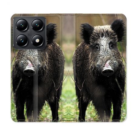 Housse Cuir Portefeuille Pour Xiaomi 14T Chasse Sanglier bois