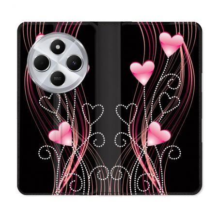 Housse Cuir Portefeuille Pour Xiaomi Redmi 14C 4G Amour Coeur Rose Montant sur Noir