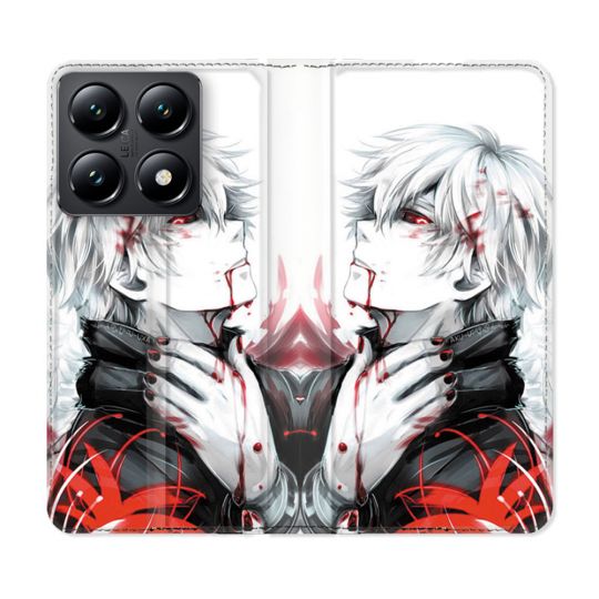 Housse Cuir Portefeuille Pour Xiaomi 14T Manga Tokyo Ghoul Kaneki Blanc