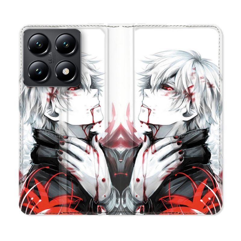 Housse Cuir Portefeuille Pour Xiaomi 14T Manga Tokyo Ghoul Kaneki Blanc