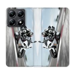 Housse Cuir Portefeuille Pour Xiaomi 14T Moto Course GP Blanche