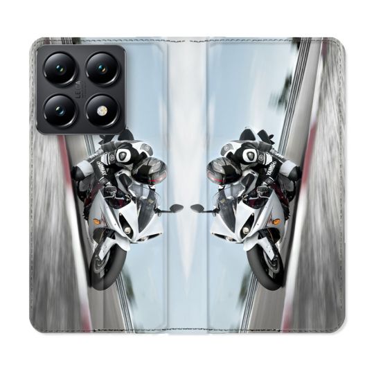 Housse Cuir Portefeuille Pour Xiaomi 14T Moto Course GP Blanche