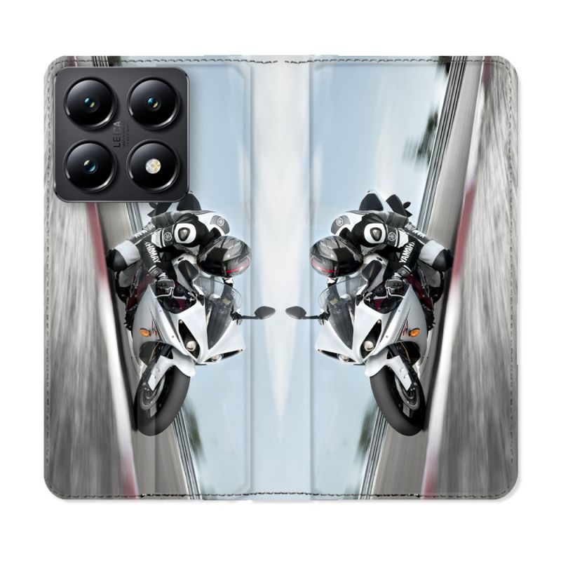 Housse Cuir Portefeuille Pour Xiaomi 14T Moto Course GP Blanche