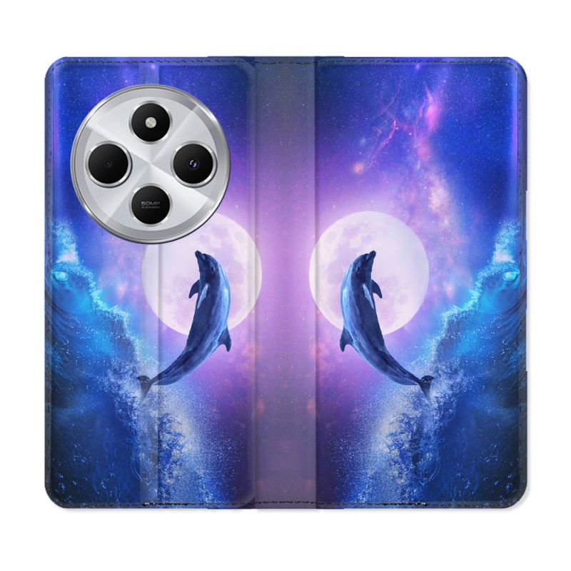 Housse Cuir Portefeuille Pour Xiaomi Redmi 14C 4G Animal Dauphin Vague