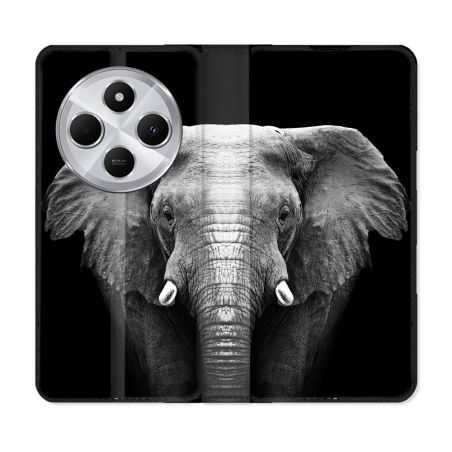 Housse Cuir Portefeuille Pour Xiaomi Redmi 14C 4G Animal Elephant Noir