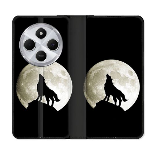 Housse Cuir Portefeuille Pour Xiaomi Redmi 14C 4G Animal Loup Noir