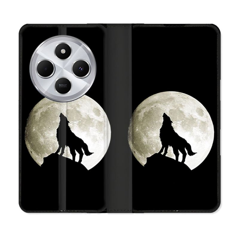 Housse Cuir Portefeuille Pour Xiaomi Redmi 14C 4G Animal Loup Noir