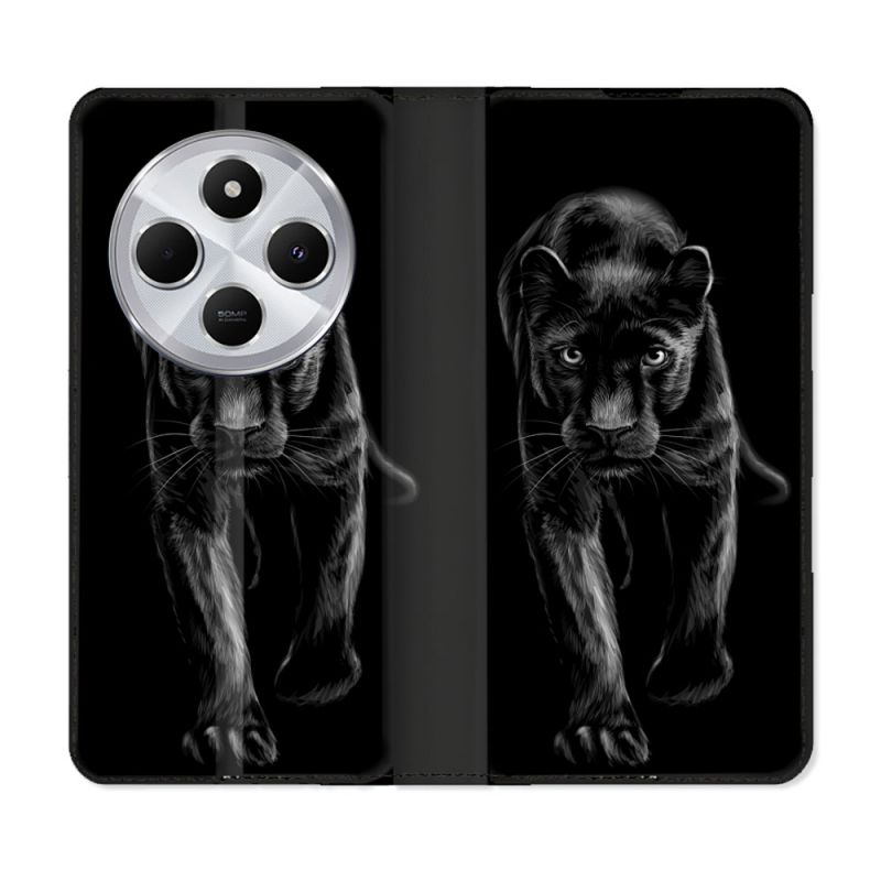 Housse Cuir Portefeuille Pour Xiaomi Redmi 14C 4G Animal Panthère Noire
