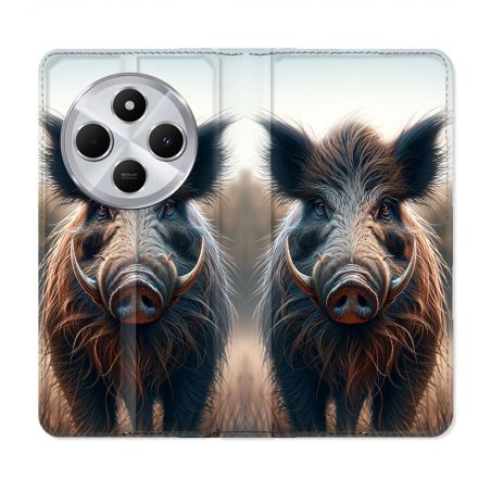 Housse Cuir Portefeuille Pour Xiaomi Redmi 14C 4G Chasse Sanglier Attaque