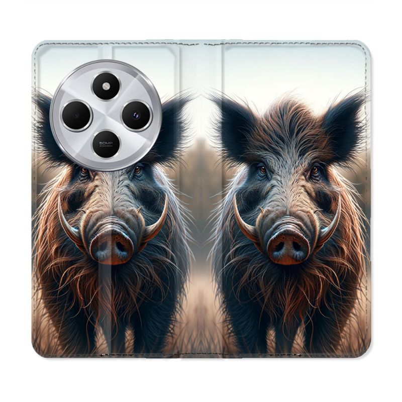 Housse Cuir Portefeuille Pour Xiaomi Redmi 14C 4G Chasse Sanglier Attaque