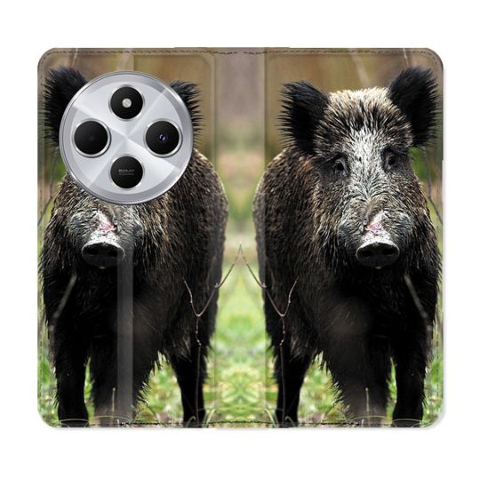 Housse Cuir Portefeuille Pour Xiaomi Redmi 14C 4G Chasse Sanglier bois