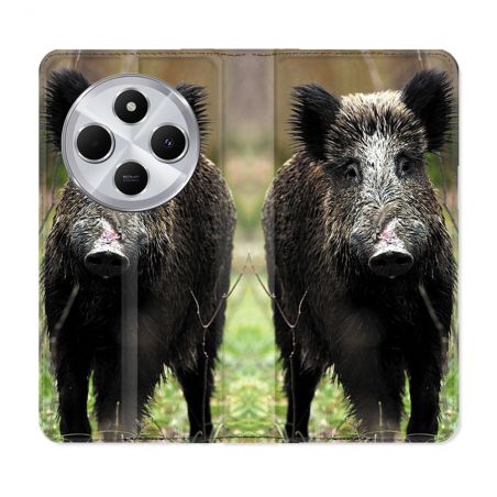 Housse Cuir Portefeuille Pour Xiaomi Redmi 14C 4G Chasse Sanglier bois