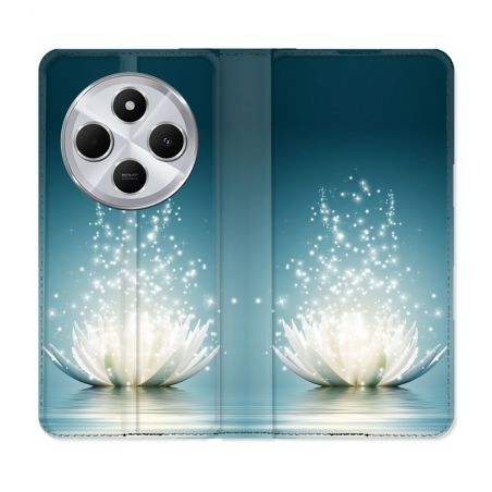 Housse Cuir Portefeuille Pour Xiaomi Redmi 14C 4G Fleur Lotus Blanc