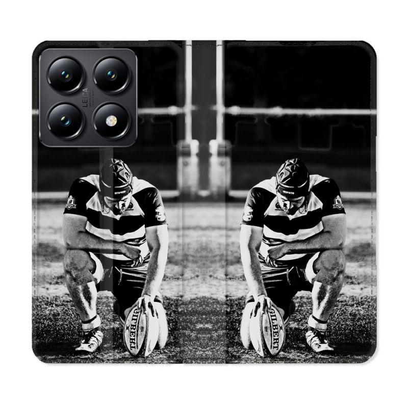 Housse Cuir Portefeuille Pour Xiaomi 14T Sport Rugby Noir Blanc