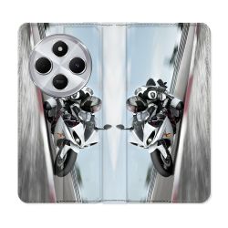 Housse Cuir Portefeuille Pour Xiaomi Redmi 14C 4G Moto Course GP Blanche