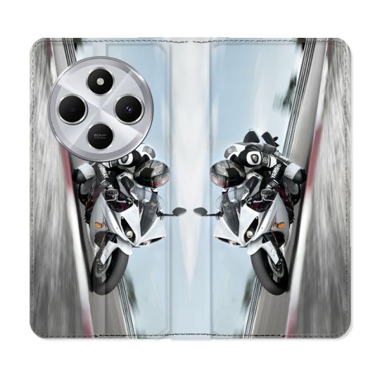 Housse Cuir Portefeuille Pour Xiaomi Redmi 14C 4G Moto Course GP Blanche