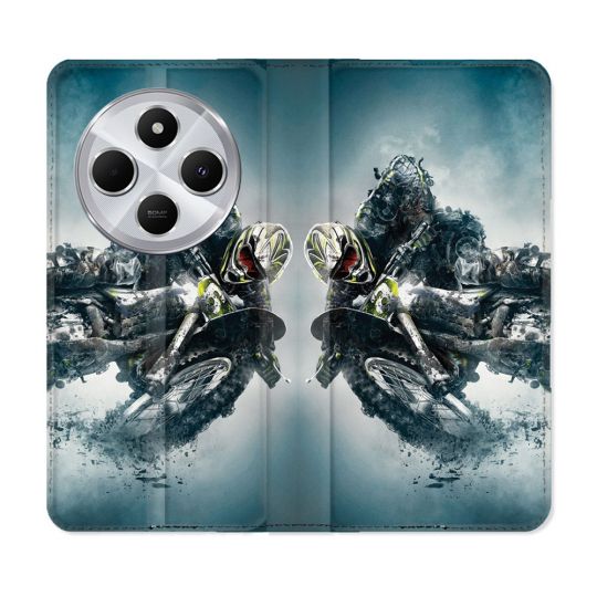 Housse Cuir Portefeuille Pour Xiaomi Redmi 14C 4G Moto Cross Ombre