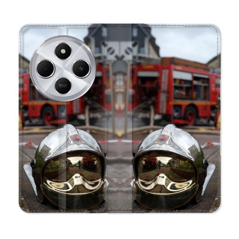 Housse Cuir Portefeuille Pour Xiaomi Redmi 14C 4G Pompier Casque Camion