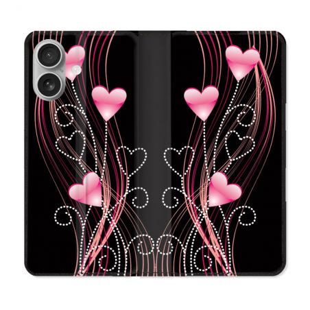 Housse Cuir Portefeuille Pour Iphone 16 Amour Coeur Rose Montant sur Noir