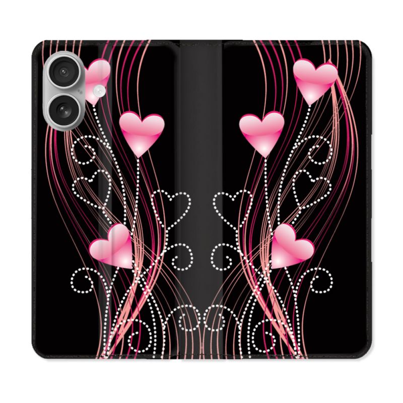 Housse Cuir Portefeuille Pour Iphone 16 Amour Coeur Rose Montant sur Noir