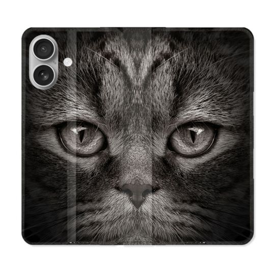 Housse Cuir Portefeuille Pour Iphone 16 Animal Chat Gris