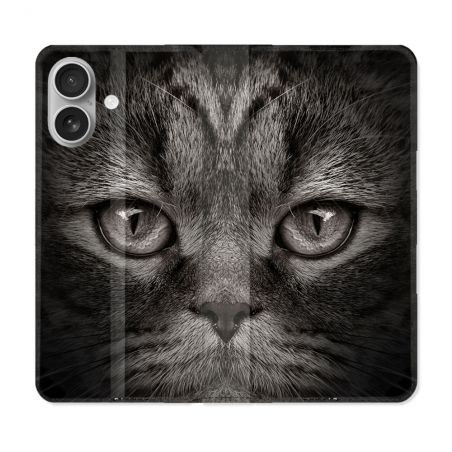 Housse Cuir Portefeuille Pour Iphone 16 Animal Chat Gris
