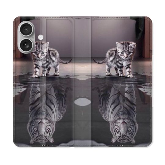 Housse Cuir Portefeuille Pour Iphone 16 Animal Chat Reflet