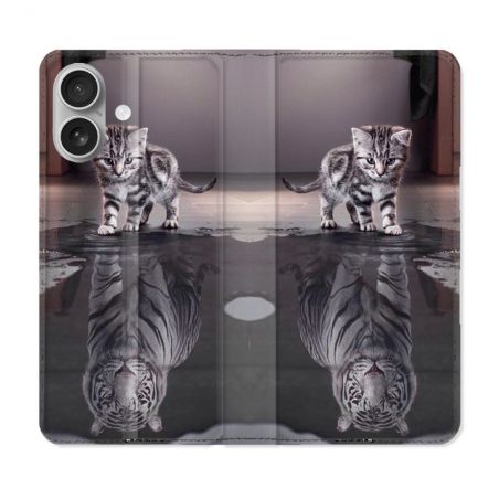 Housse Cuir Portefeuille Pour Iphone 16 Animal Chat Reflet