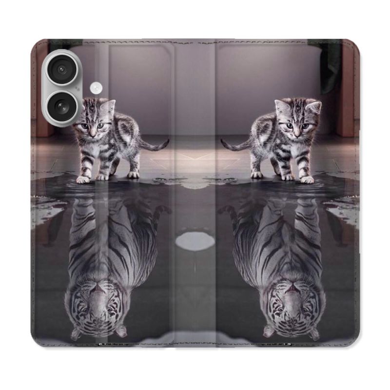 Housse Cuir Portefeuille Pour Iphone 16 Animal Chat Reflet