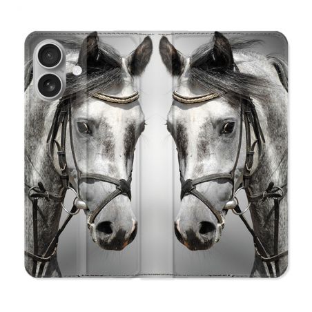 Housse Cuir Portefeuille Pour Iphone 16 Animal Cheval Blanc