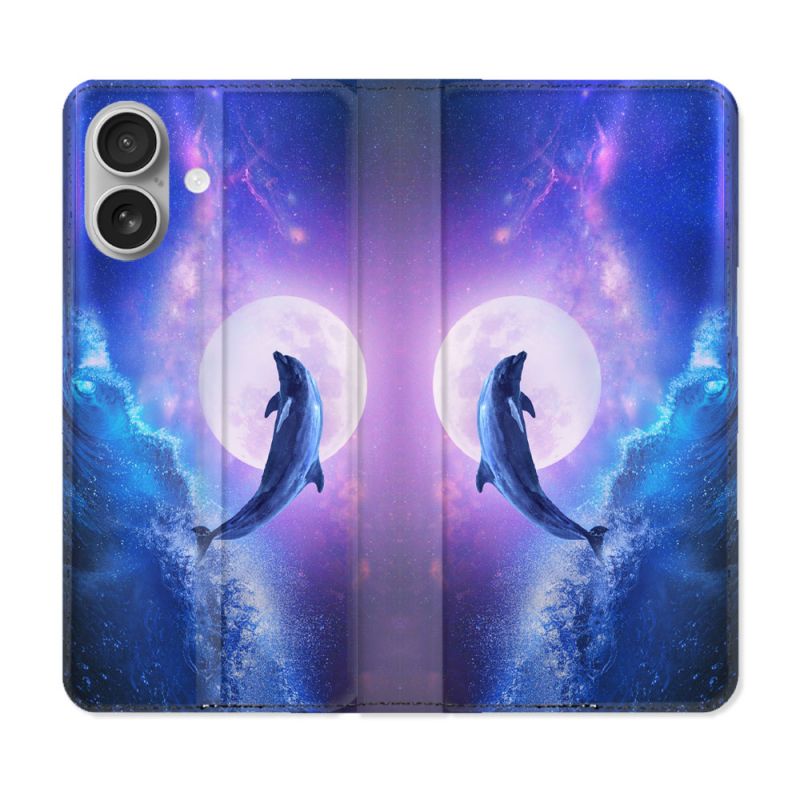 Housse Cuir Portefeuille Pour Iphone 16 Animal Dauphin Vague