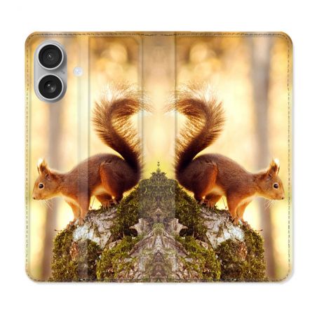 Housse Cuir Portefeuille Pour Iphone 16 Animal Ecureuil Bois