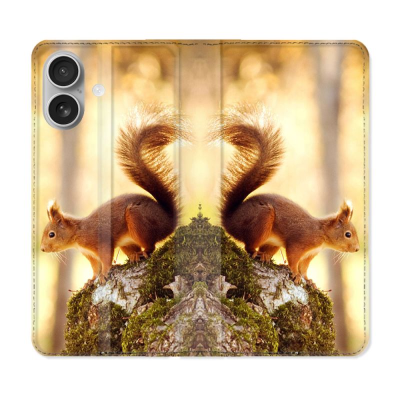 Housse Cuir Portefeuille Pour Iphone 16 Animal Ecureuil Bois