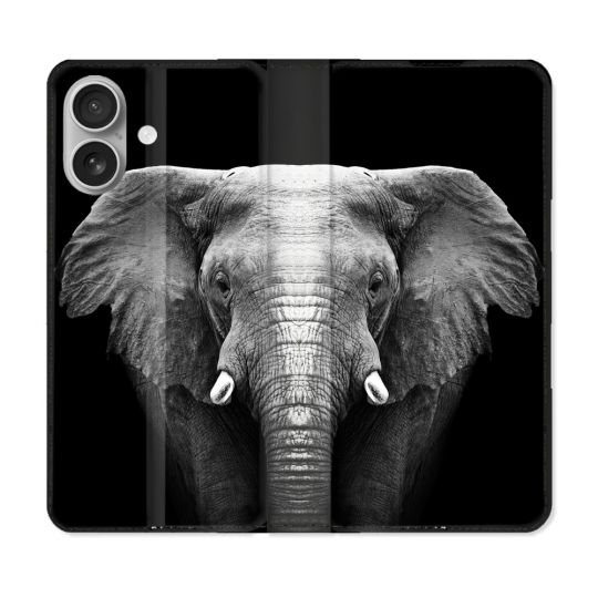 Housse Cuir Portefeuille Pour Iphone 16 Animal Elephant Noir