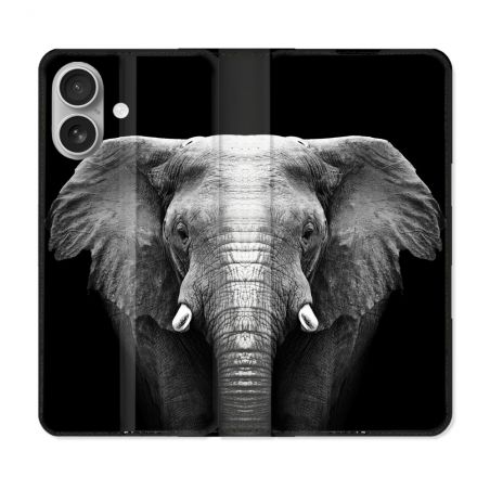 Housse Cuir Portefeuille Pour Iphone 16 Animal Elephant Noir